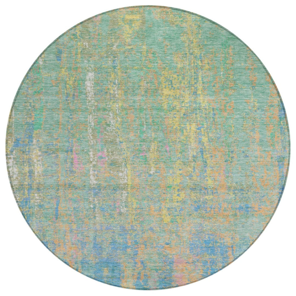 HomeRoots 8' Vibrant Teal Blue, Yellow & Orange Round Abstract Rug - Washable, Durable for Indoor/Outdoor Use 626262