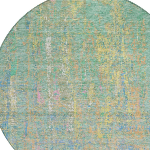 HomeRoots 8' Vibrant Teal Blue, Yellow & Orange Round Abstract Rug - Washable, Durable for Indoor/Outdoor Use 626262