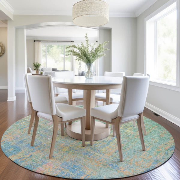 HomeRoots 8' Vibrant Teal Blue, Yellow & Orange Round Abstract Rug - Washable, Durable for Indoor/Outdoor Use 626262