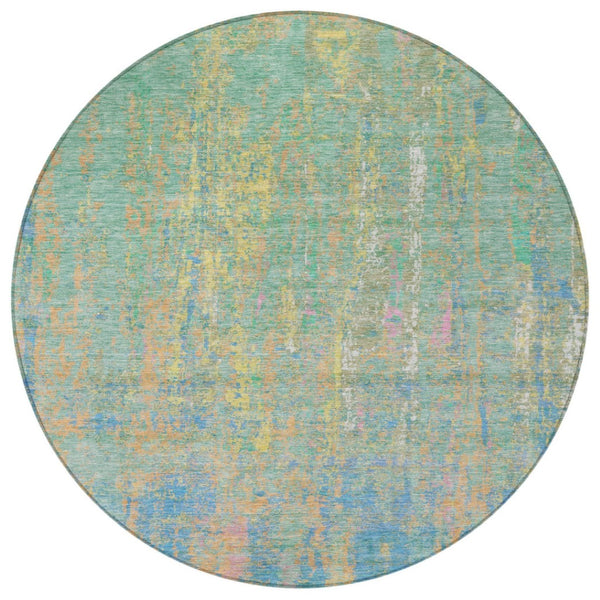 HomeRoots 8' Vibrant Teal Blue, Yellow & Orange Round Abstract Rug - Washable, Durable for Indoor/Outdoor Use 626262