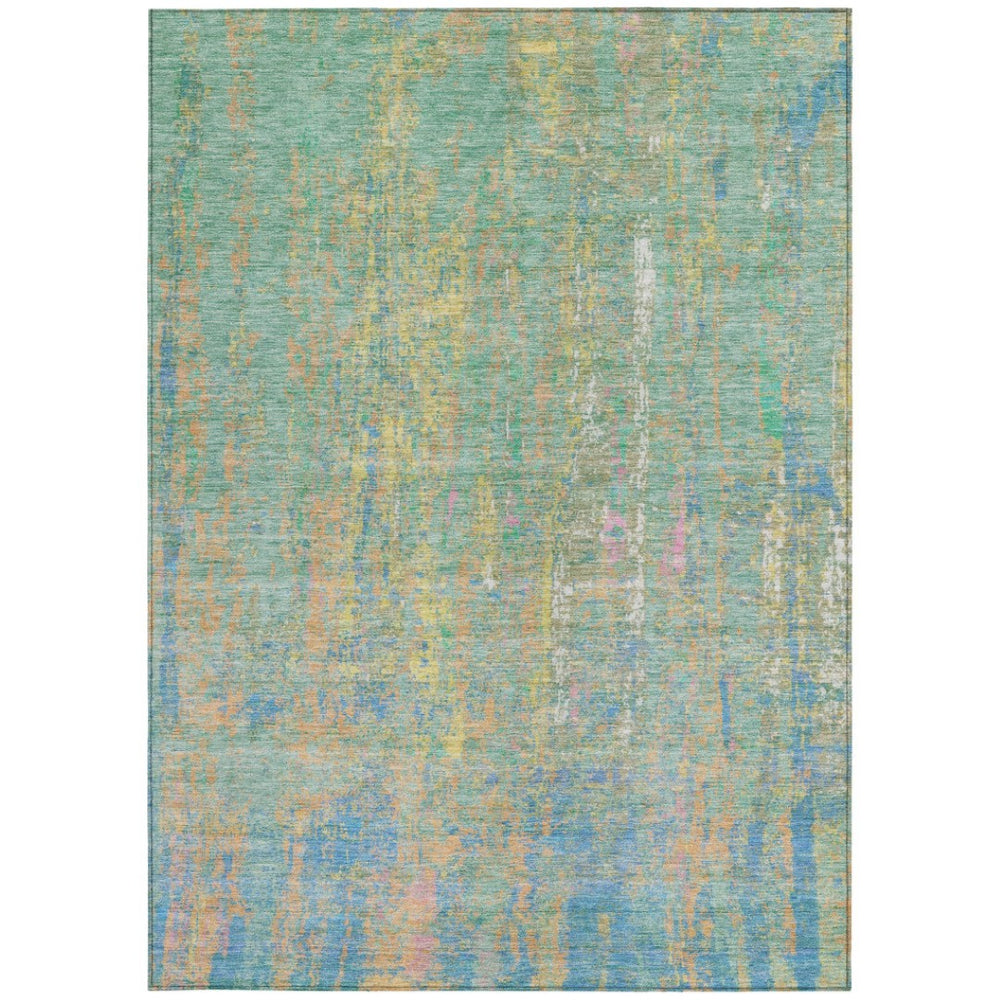 HomeRoots 8' X 10' Vibrant Teal Blue Yellow Orange Abstract Rug – Washable Indoor/Outdoor Area Essential! 626263