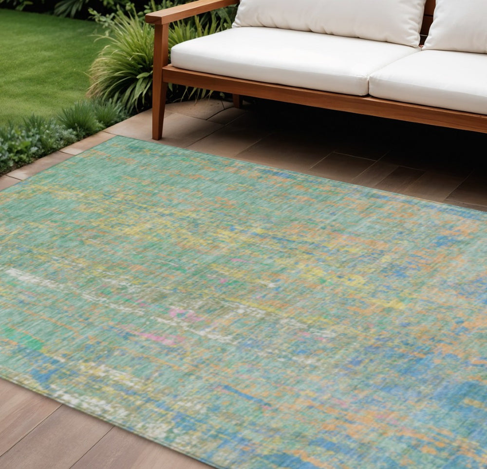 HomeRoots 8' X 10' Vibrant Teal Blue Yellow Orange Abstract Rug – Washable Indoor/Outdoor Area Essential! 626263