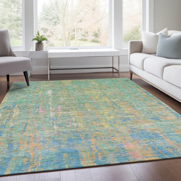 HomeRoots 9' Vibrant Teal Blue Yellow Orange Abstract Washable Area Rug for Indoor & Outdoor Spaces 626264