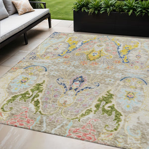 HomeRoots 5' Washable Indoor-Outdoor Floral Area Rug in Beige, Gold, and Fern Green - Durable & Stylish Design 626267