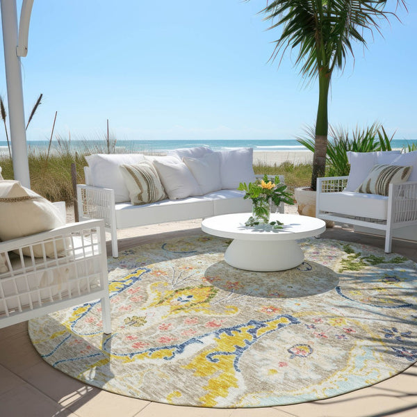HomeRoots 8' Eye-Catching Floral Indoor Outdoor Area Rug in Beige, Gold & Fern Green – Durable & Washable! 626268
