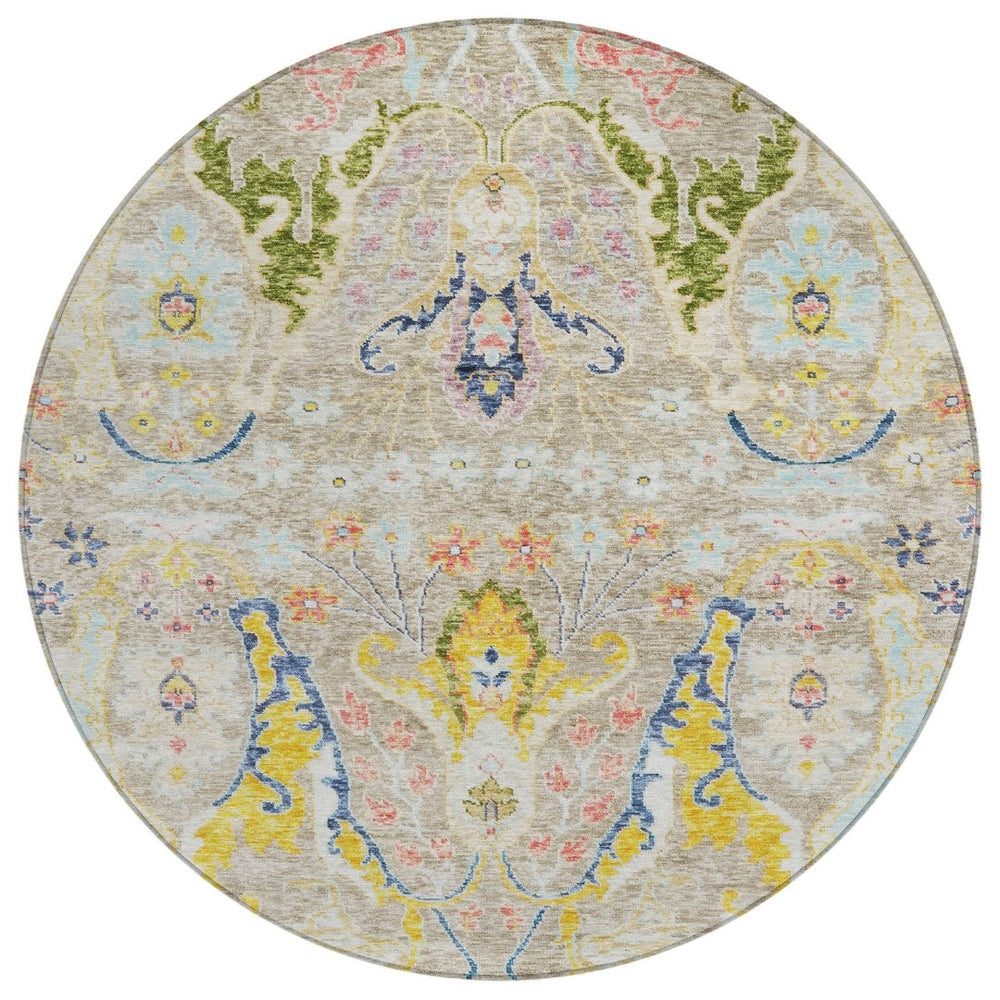 HomeRoots 8' Eye-Catching Floral Indoor Outdoor Area Rug in Beige, Gold & Fern Green – Durable & Washable! 626268
