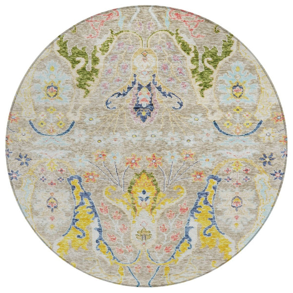 HomeRoots 8' Eye-Catching Floral Indoor Outdoor Area Rug in Beige, Gold & Fern Green – Durable & Washable! 626268
