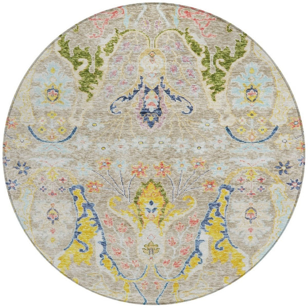 HomeRoots 8' Eye-Catching Floral Indoor Outdoor Area Rug in Beige, Gold & Fern Green – Durable & Washable! 626268