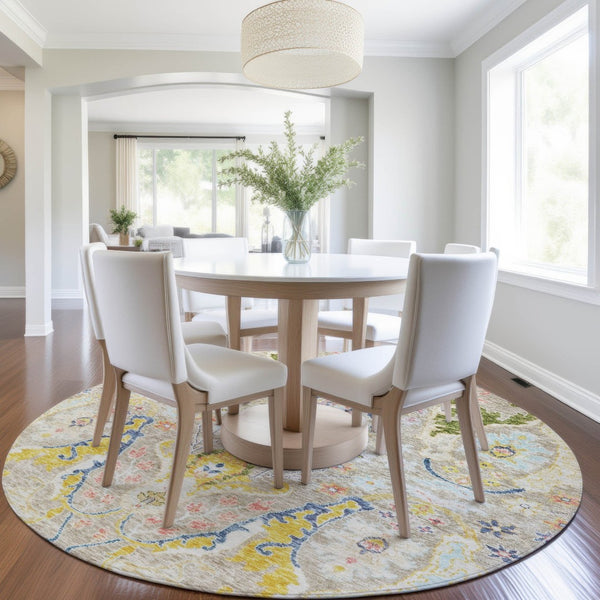 HomeRoots 8' Eye-Catching Floral Indoor Outdoor Area Rug in Beige, Gold & Fern Green – Durable & Washable! 626268