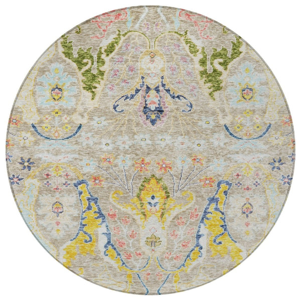 HomeRoots 8' Eye-Catching Floral Indoor Outdoor Area Rug in Beige, Gold & Fern Green – Durable & Washable! 626268