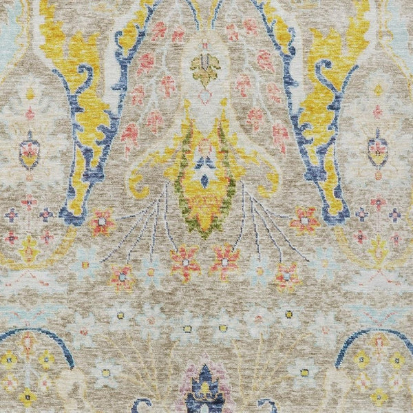HomeRoots 8' X 10' Washable Indoor/Outdoor Area Rug in Beige, Gold & Fern Green - Durable Floral Design! 626269