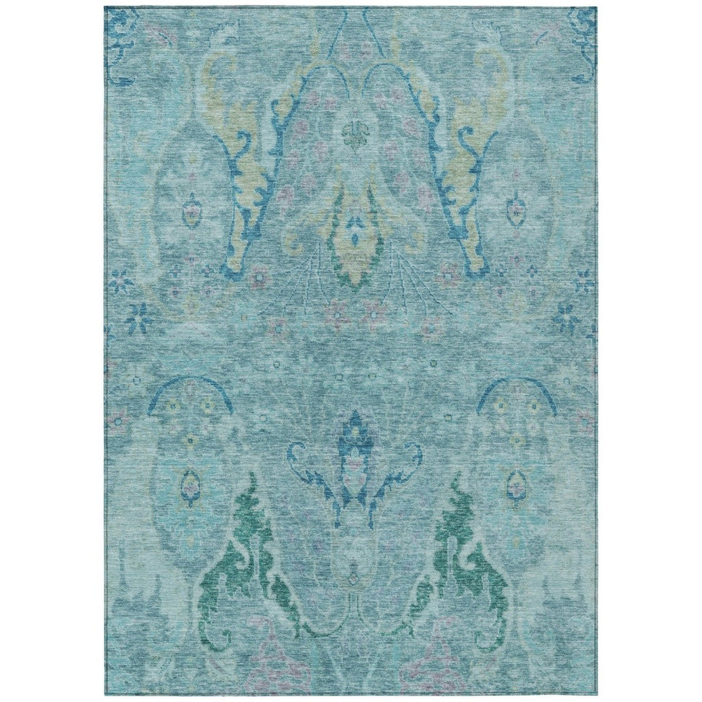HomeRoots 5' X 8' Elegant Floral Washable Indoor Outdoor Area Rug in Pale Aqua & Artichoke Green Tones 626273
