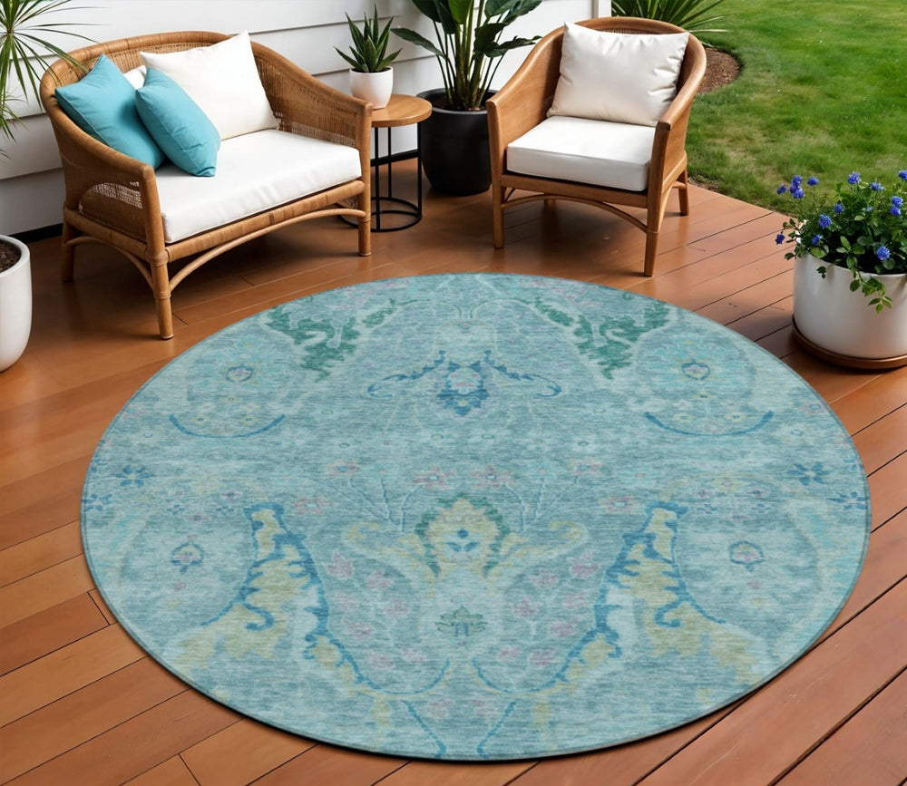 HomeRoots 8' Washable Round Floral Area Rug in Blue, Aqua & Green – Perfect for Indoor/Outdoor Spaces! 626274