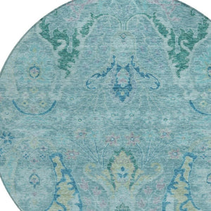 HomeRoots 8' Washable Round Floral Area Rug in Blue, Aqua & Green – Perfect for Indoor/Outdoor Spaces! 626274