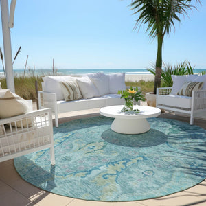 HomeRoots 8' Washable Round Floral Area Rug in Blue, Aqua & Green – Perfect for Indoor/Outdoor Spaces! 626274