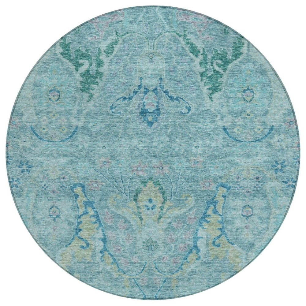 HomeRoots 8' Washable Round Floral Area Rug in Blue, Aqua & Green – Perfect for Indoor/Outdoor Spaces! 626274