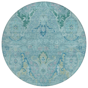 HomeRoots 8' Washable Round Floral Area Rug in Blue, Aqua & Green – Perfect for Indoor/Outdoor Spaces! 626274