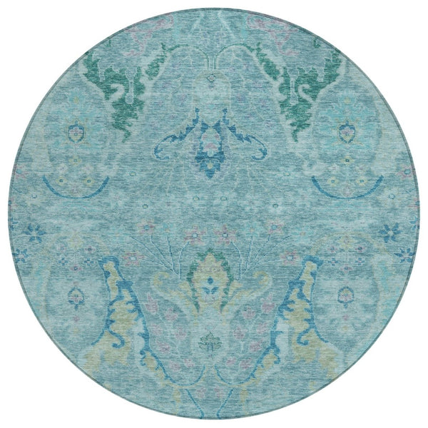 HomeRoots 8' Washable Round Floral Area Rug in Blue, Aqua & Green – Perfect for Indoor/Outdoor Spaces! 626274