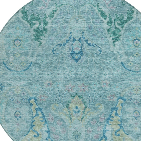 HomeRoots 8' Washable Round Floral Area Rug in Blue, Aqua & Green – Perfect for Indoor/Outdoor Spaces! 626274
