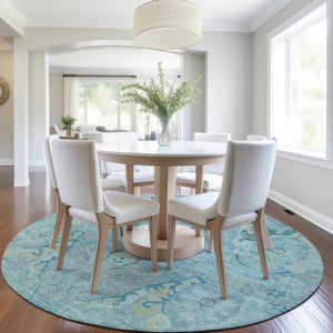 HomeRoots 8' Washable Round Floral Area Rug in Blue, Aqua & Green – Perfect for Indoor/Outdoor Spaces! 626274