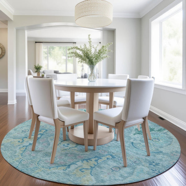 HomeRoots 8' Washable Round Floral Area Rug in Blue, Aqua & Green – Perfect for Indoor/Outdoor Spaces! 626274