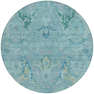 HomeRoots 8' Washable Round Floral Area Rug in Blue, Aqua & Green – Perfect for Indoor/Outdoor Spaces! 626274
