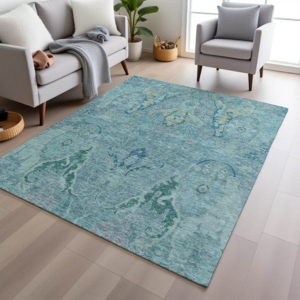 HomeRoots 9' Floral Area Rug in Blue, Aqua & Green - Stylish, Washable Design for Indoor & Outdoor Spaces! 626276