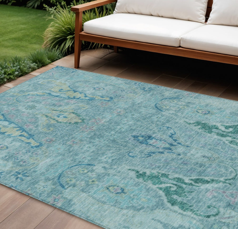 HomeRoots 10' Blue Floral Washable Area Rug - Elegant Pale Aqua & Artichoke Green Design for Indoors & Outdoors 626277