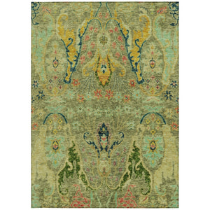 HomeRoots 5' Indoor/Outdoor Floral Area Rug – Green, Gold & Pink, Washable, Durable, Stain-Resistant Charm 626279
