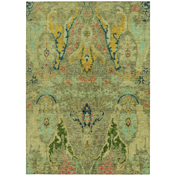 HomeRoots 5' Indoor/Outdoor Floral Area Rug – Green, Gold & Pink, Washable, Durable, Stain-Resistant Charm 626279
