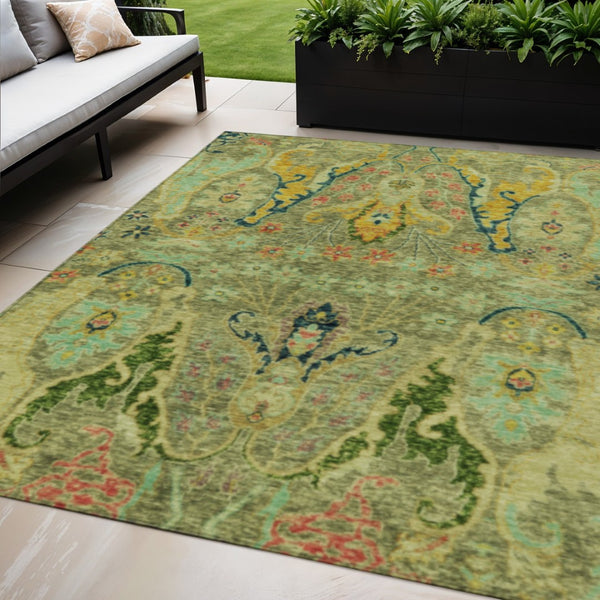 HomeRoots 5' Indoor/Outdoor Floral Area Rug – Green, Gold & Pink, Washable, Durable, Stain-Resistant Charm 626279