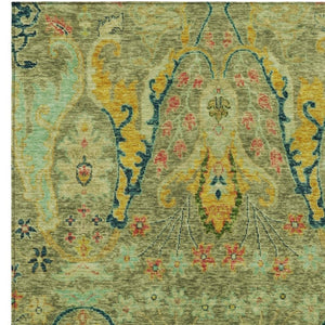 HomeRoots 5' Indoor/Outdoor Floral Area Rug – Green, Gold & Pink, Washable, Durable, Stain-Resistant Charm 626279