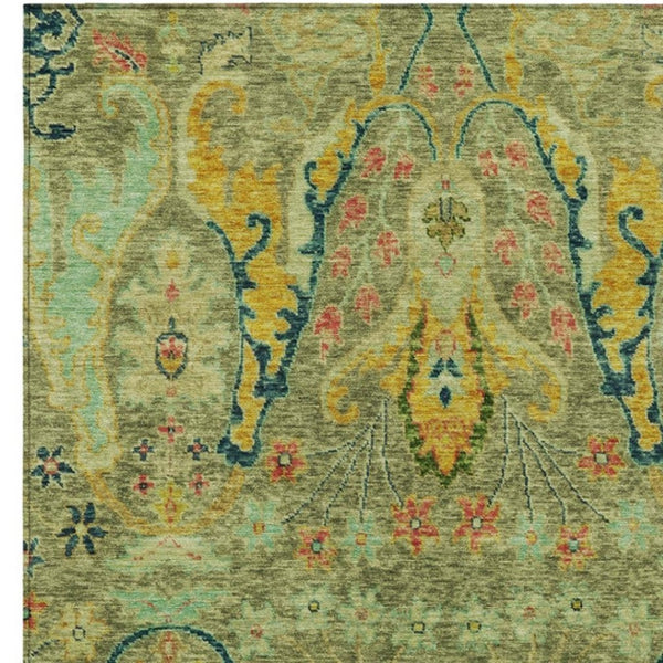 HomeRoots 5' Indoor/Outdoor Floral Area Rug – Green, Gold & Pink, Washable, Durable, Stain-Resistant Charm 626279
