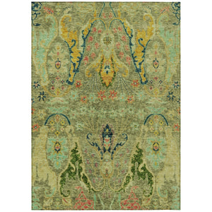 HomeRoots 5' Indoor/Outdoor Floral Area Rug – Green, Gold & Pink, Washable, Durable, Stain-Resistant Charm 626279