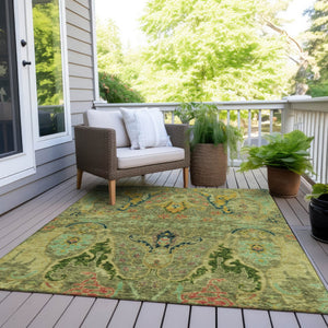HomeRoots 5' Indoor/Outdoor Floral Area Rug – Green, Gold & Pink, Washable, Durable, Stain-Resistant Charm 626279