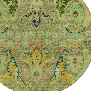 HomeRoots 8' Vibrant Green Gold Pink Round Floral Area Rug – Washable, Stain-Resistant for Indoor & Outdoor Use 626280