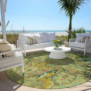 HomeRoots 8' Vibrant Green Gold Pink Round Floral Area Rug – Washable, Stain-Resistant for Indoor & Outdoor Use 626280