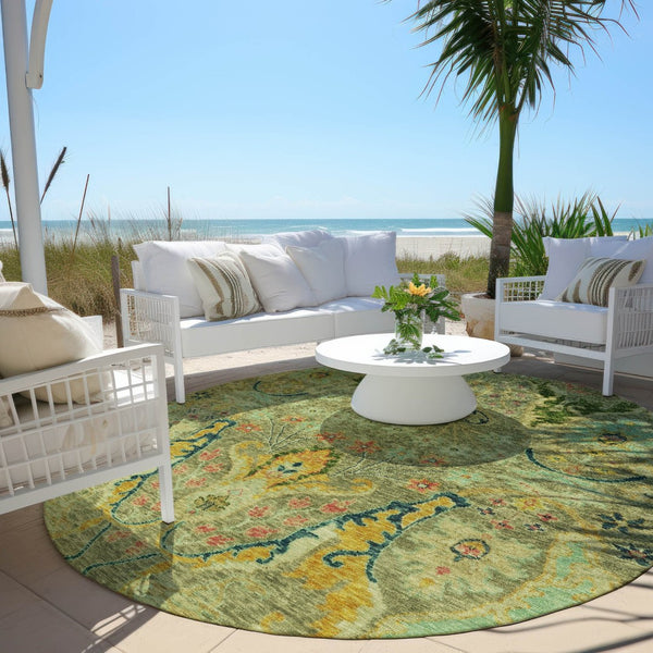 HomeRoots 8' Vibrant Green Gold Pink Round Floral Area Rug – Washable, Stain-Resistant for Indoor & Outdoor Use 626280