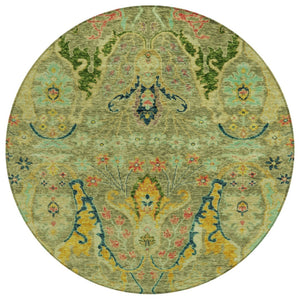 HomeRoots 8' Vibrant Green Gold Pink Round Floral Area Rug – Washable, Stain-Resistant for Indoor & Outdoor Use 626280