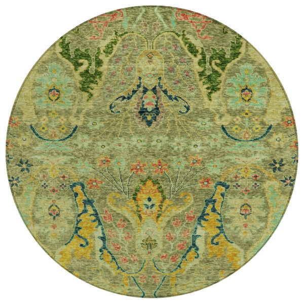 HomeRoots 8' Vibrant Green Gold Pink Round Floral Area Rug – Washable, Stain-Resistant for Indoor & Outdoor Use 626280
