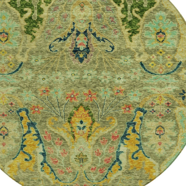 HomeRoots 8' Vibrant Green Gold Pink Round Floral Area Rug – Washable, Stain-Resistant for Indoor & Outdoor Use 626280