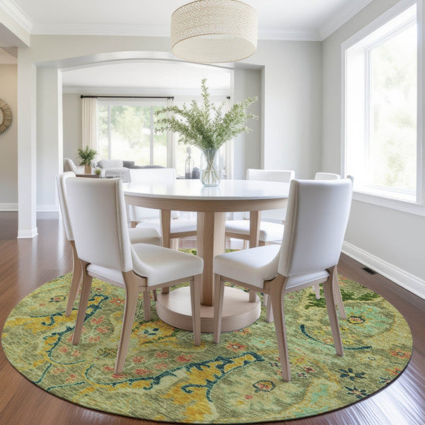 HomeRoots 8' Vibrant Green Gold Pink Round Floral Area Rug – Washable, Stain-Resistant for Indoor & Outdoor Use 626280