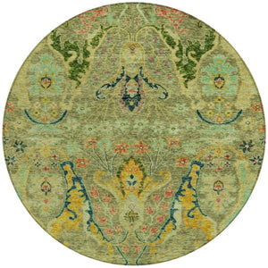 HomeRoots 8' Vibrant Green Gold Pink Round Floral Area Rug – Washable, Stain-Resistant for Indoor & Outdoor Use 626280