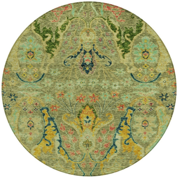 HomeRoots 8' Vibrant Green Gold Pink Round Floral Area Rug – Washable, Stain-Resistant for Indoor & Outdoor Use 626280