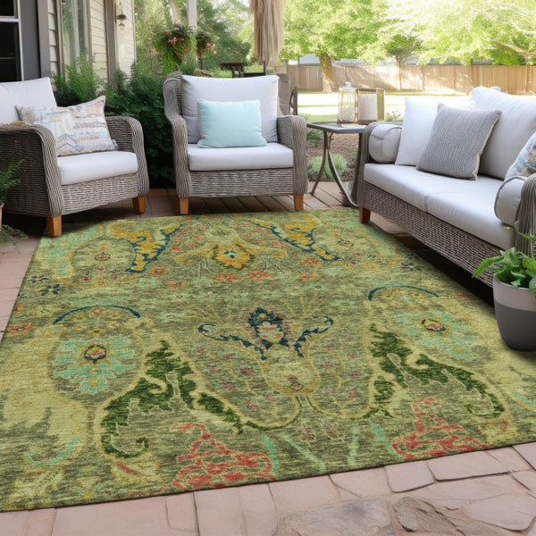 HomeRoots 8' X 10' Washable Floral Area Rug - Durable Green, Gold & Pink Design for Indoor/Outdoor Living Spaces 626281