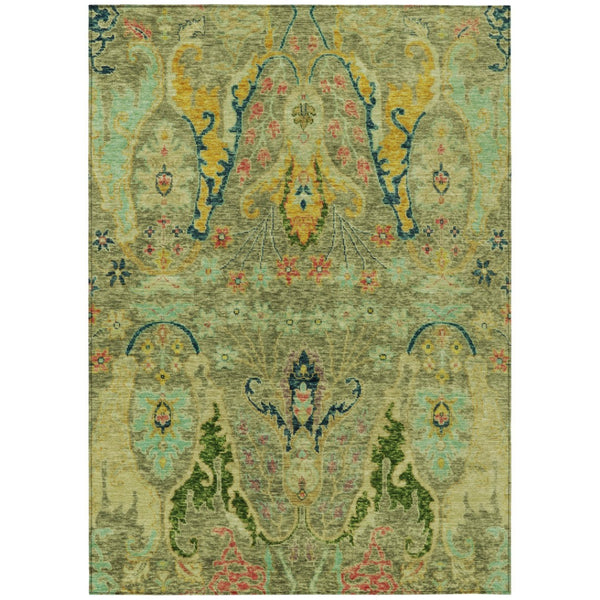 HomeRoots 8' X 10' Washable Floral Area Rug - Durable Green, Gold & Pink Design for Indoor/Outdoor Living Spaces 626281