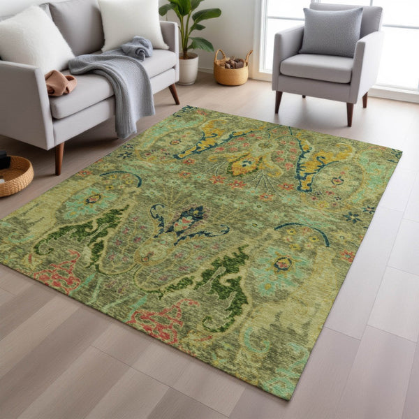 HomeRoots 8' X 10' Washable Floral Area Rug - Durable Green, Gold & Pink Design for Indoor/Outdoor Living Spaces 626281
