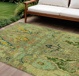 HomeRoots 9' Durable Floral Area Rug in Green, Gold & Pink - Washable for Indoor/Outdoor Use, Perfect for Homes! 626282