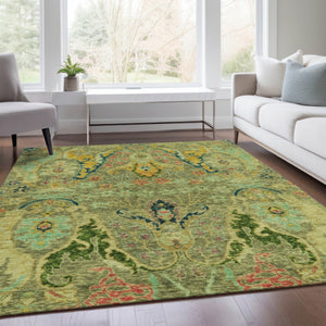 HomeRoots 9' Durable Floral Area Rug in Green, Gold & Pink - Washable for Indoor/Outdoor Use, Perfect for Homes! 626282
