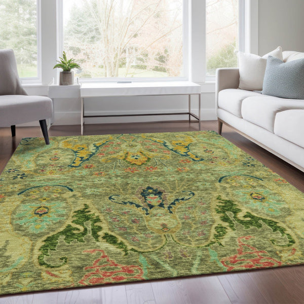 HomeRoots 9' Durable Floral Area Rug in Green, Gold & Pink - Washable for Indoor/Outdoor Use, Perfect for Homes! 626282